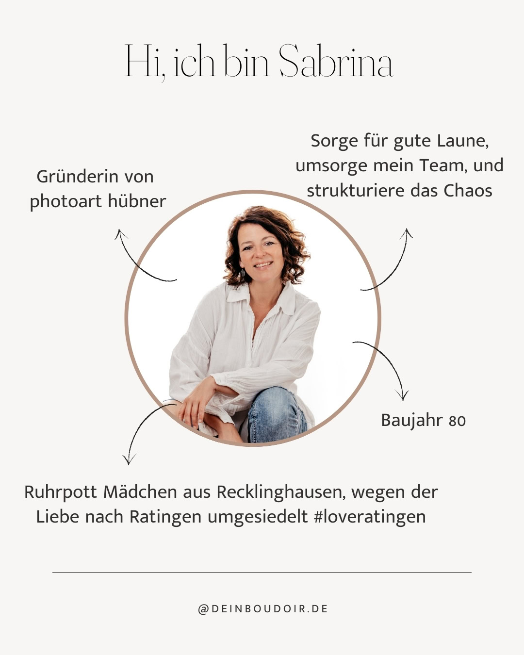 Sabrina, Gründerin und Fotografin bei Dein Boudoir, strahlt Selbstvertrauen und Wärme aus, während s.